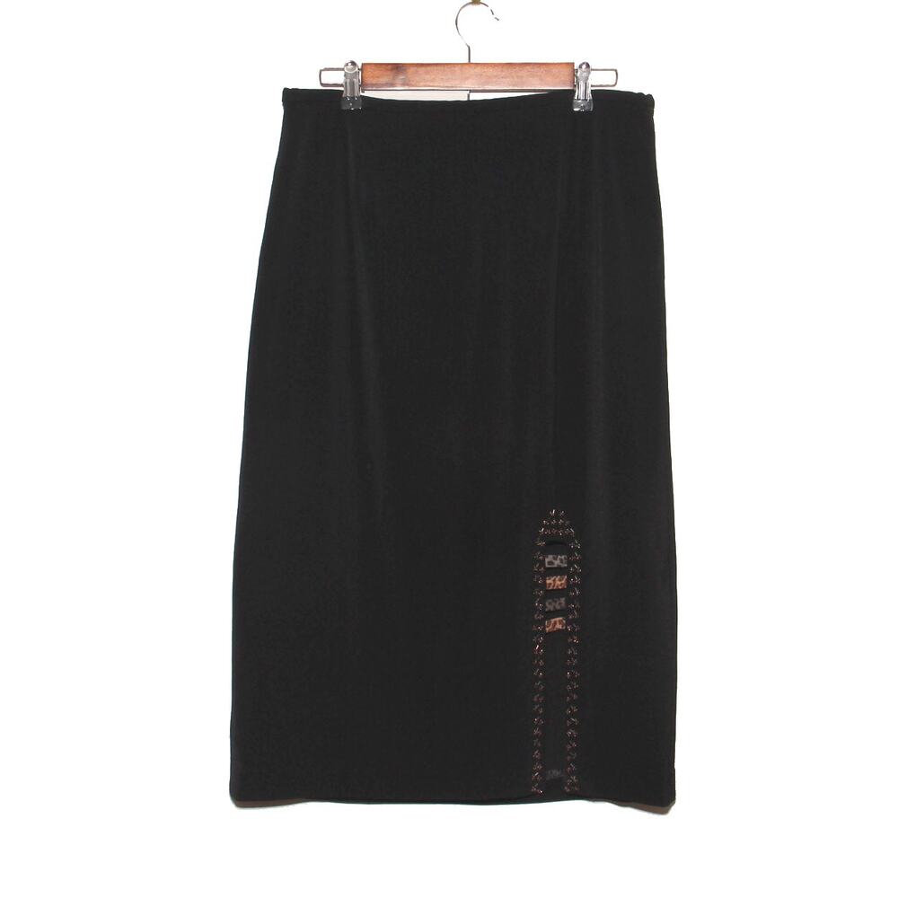 City Girl by Nancy Bolen Black Maxi Skirt Size 10P Front slit bead accents